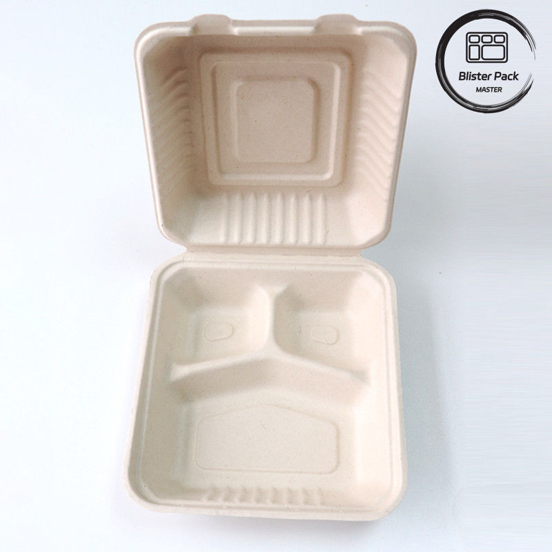 Blister Eco Compostable Clamshell 3 Compartment डिस्पोजेबल लंच बॉक्स शर्करा के गन्ने का सामान