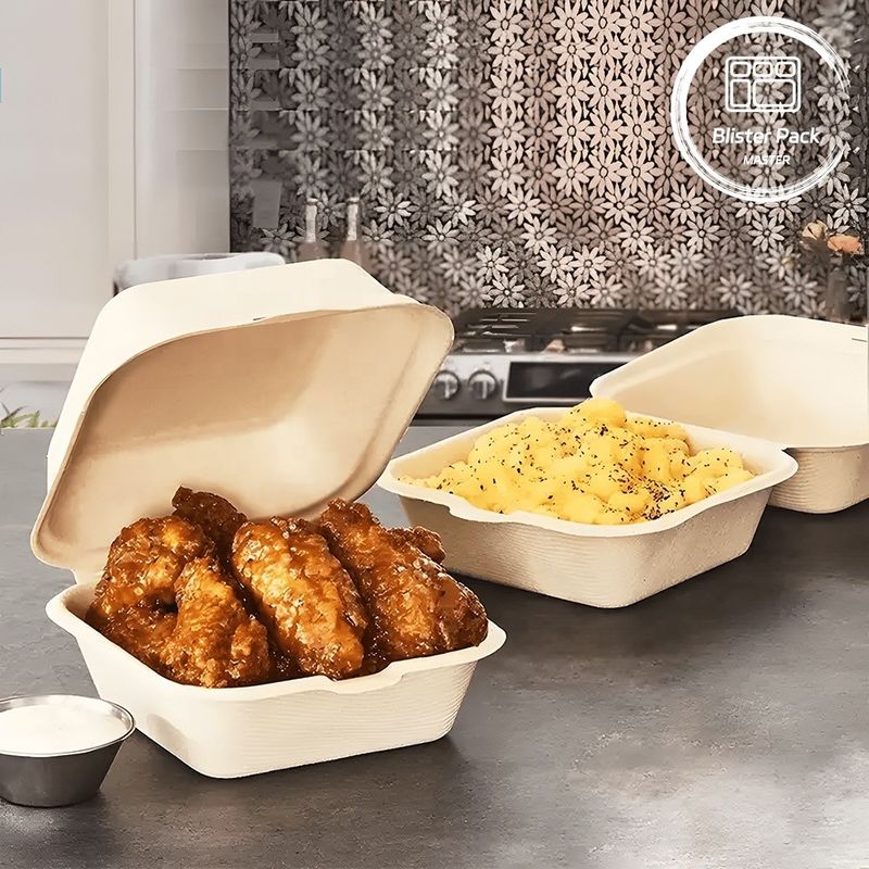 Blister Eco Compostable Clamshell 3 Compartment डिस्पोजेबल लंच बॉक्स शर्करा के गन्ने का सामान