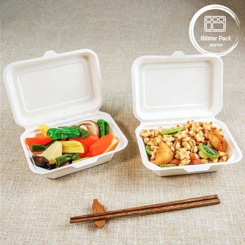 Blister Eco Compostable Clamshell 3 Compartment डिस्पोजेबल लंच बॉक्स शर्करा के गन्ने का सामान