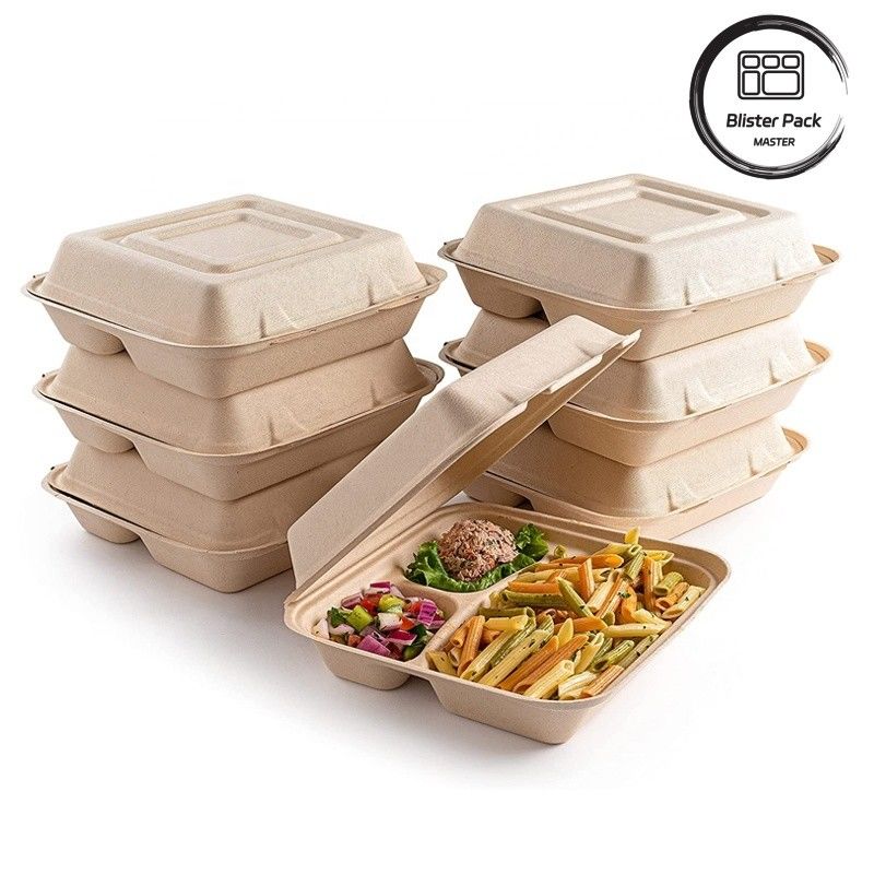 Blister Eco Compostable Clamshell 3 Compartment डिस्पोजेबल लंच बॉक्स शर्करा के गन्ने का सामान