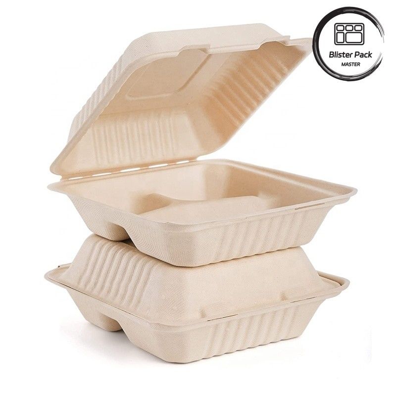 Blister Eco Compostable Clamshell 3 Compartment डिस्पोजेबल लंच बॉक्स शर्करा के गन्ने का सामान